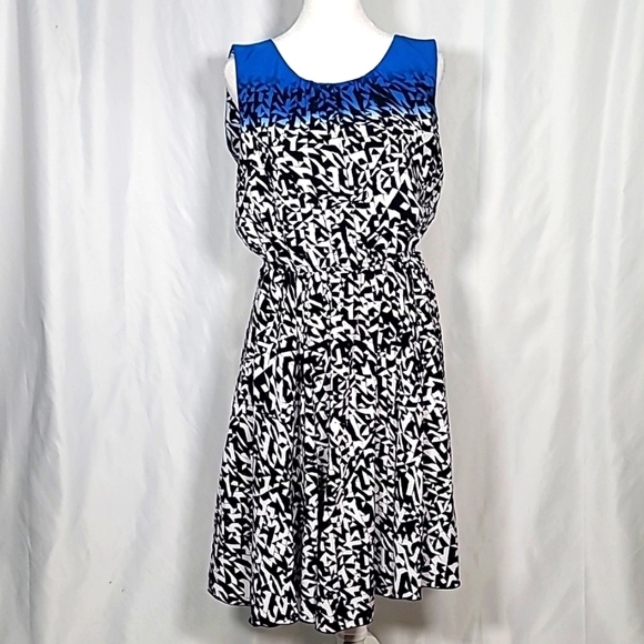 💚Alfani royal blue fade white and black abstract belted dress size 6P - Picture 1 of 5